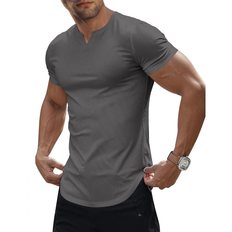 JMIERR Men'S Muscle V-Neck T Shirt Short Sleeve Longline Ribbed Henley Shirt Gym Workout Athletic Tee Shirts
