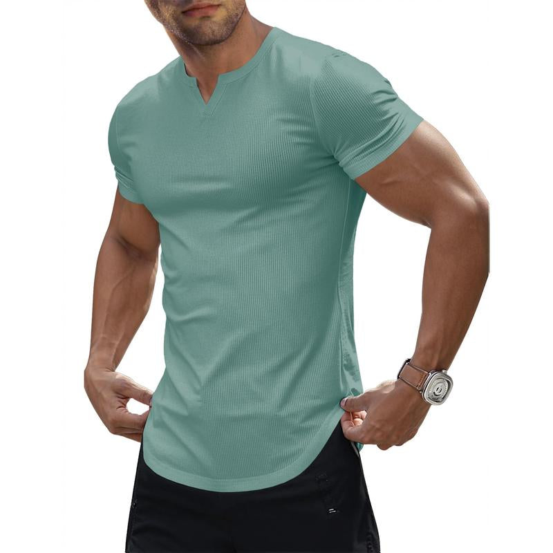 JMIERR Men'S Muscle V-Neck T Shirt Short Sleeve Longline Ribbed Henley Shirt Gym Workout Athletic Tee Shirts