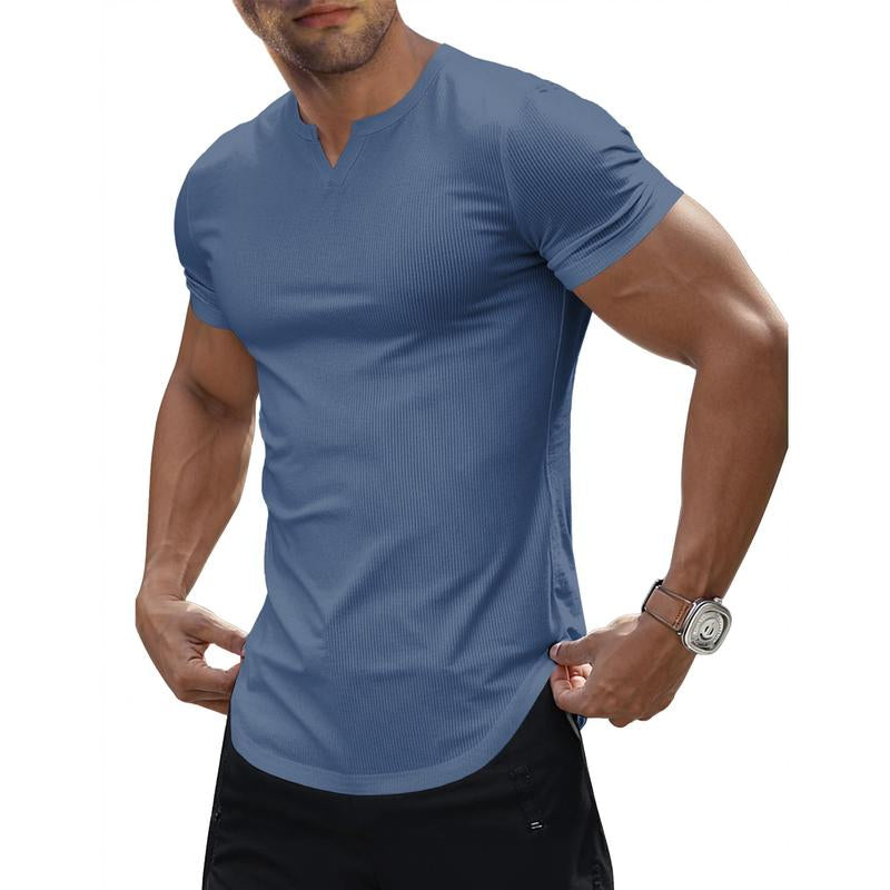 JMIERR Men'S Muscle V-Neck T Shirt Short Sleeve Longline Ribbed Henley Shirt Gym Workout Athletic Tee Shirts