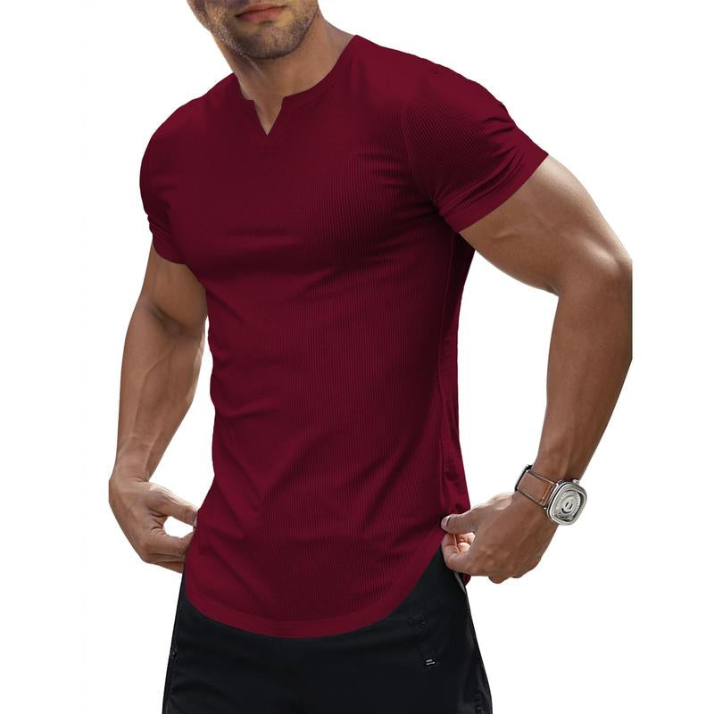 JMIERR Men'S Muscle V-Neck T Shirt Short Sleeve Longline Ribbed Henley Shirt Gym Workout Athletic Tee Shirts