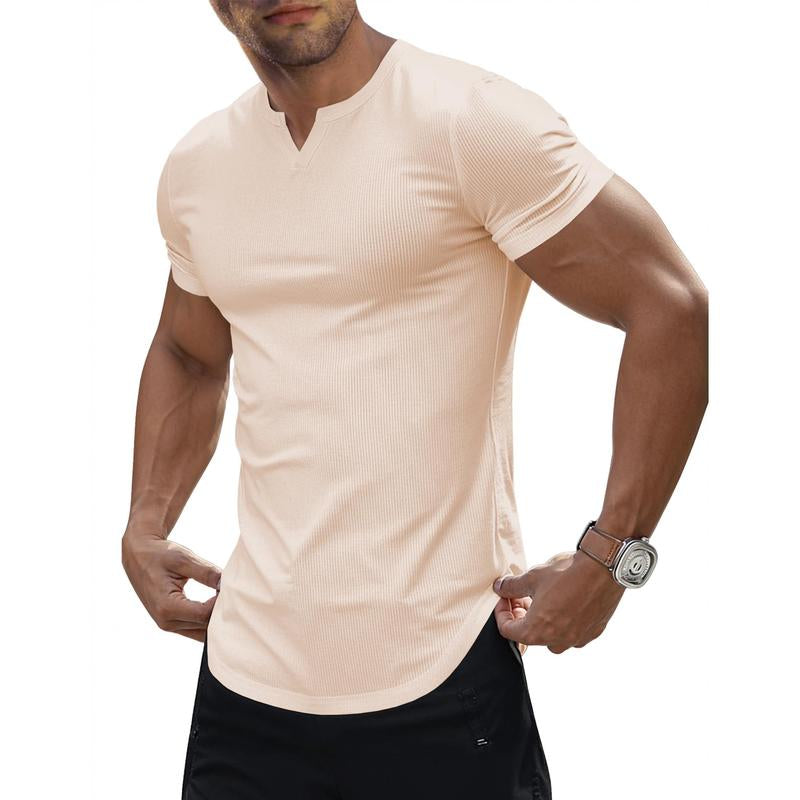 JMIERR Men'S Muscle V-Neck T Shirt Short Sleeve Longline Ribbed Henley Shirt Gym Workout Athletic Tee Shirts
