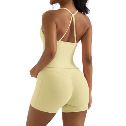 OMKAGI Workout Sets for Women Y Back Sports Bra Tank Booty Biker Shorts with Pockets