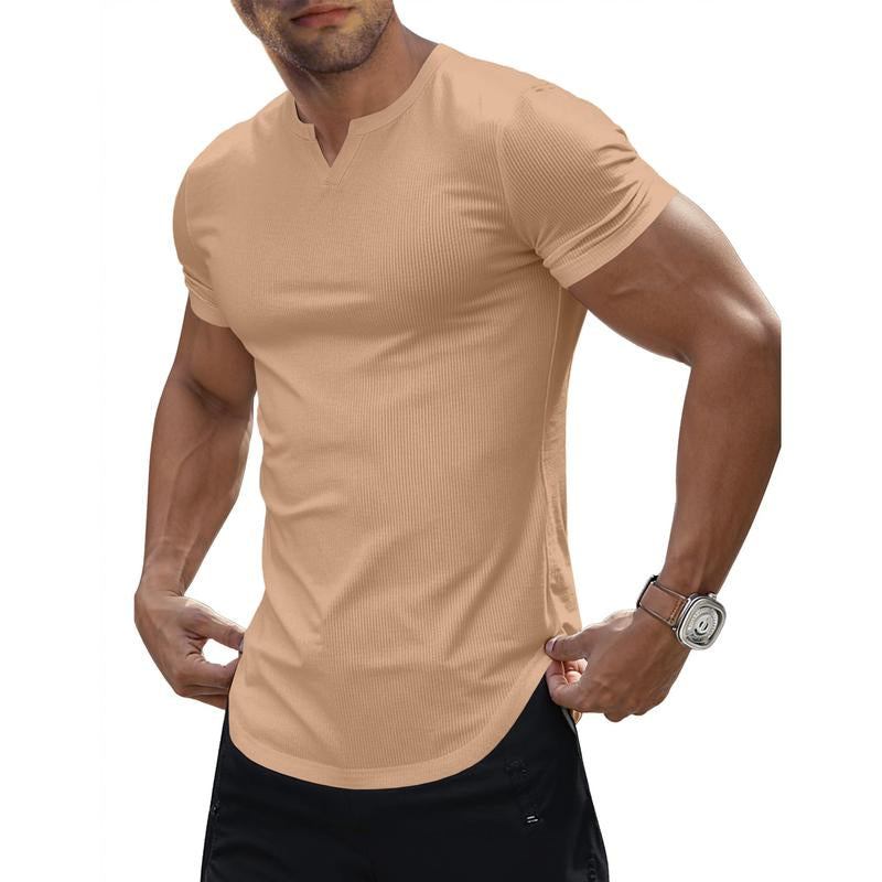 JMIERR Men'S Muscle V-Neck T Shirt Short Sleeve Longline Ribbed Henley Shirt Gym Workout Athletic Tee Shirts
