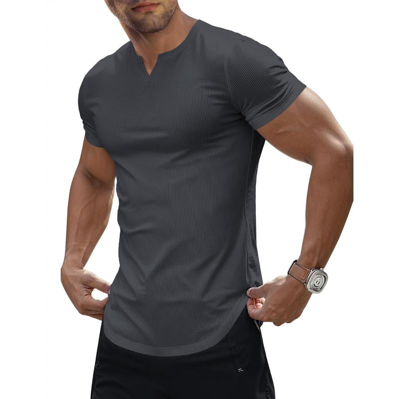 JMIERR Men'S Muscle V-Neck T Shirt Short Sleeve Longline Ribbed Henley Shirt Gym Workout Athletic Tee Shirts