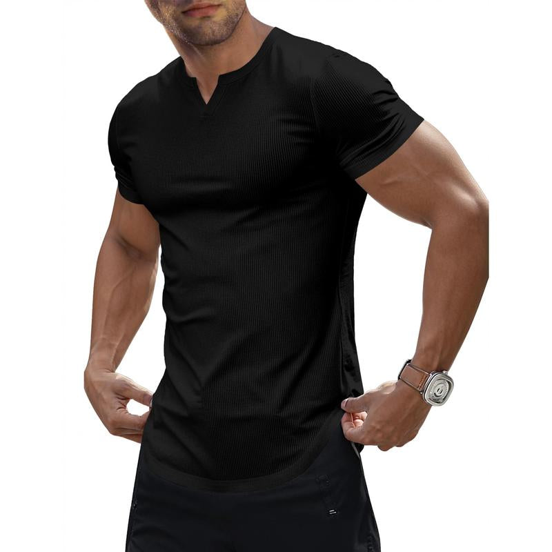 JMIERR Men'S Muscle V-Neck T Shirt Short Sleeve Longline Ribbed Henley Shirt Gym Workout Athletic Tee Shirts
